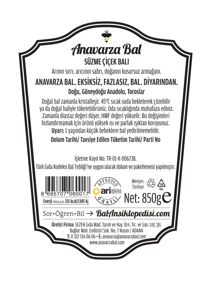 Anavarza Çiçek Balı 850g x 2 Adet